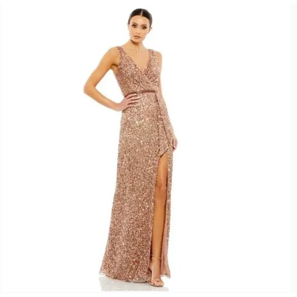 Mac Duggal 5539 High Slit Skirt V-Neck Dress Sequined Wrap Gown Copper Size 4 - Picture 1 of 16